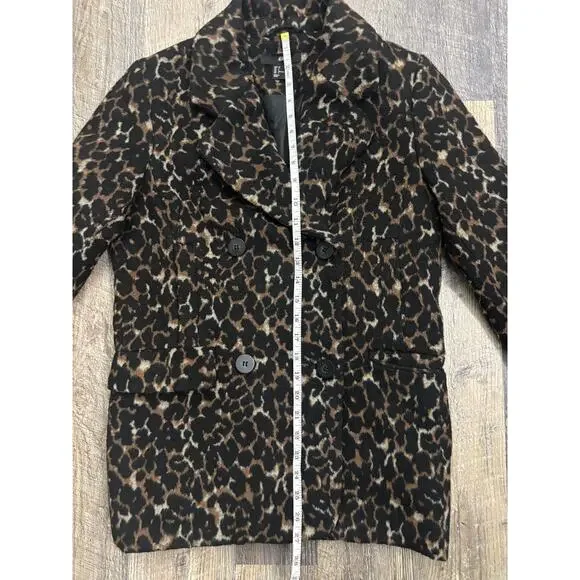 HM Womens Leopard Print Wool Blend Double Breasted Pea Coat Brown Black Size 2 - Picture 3 of 6